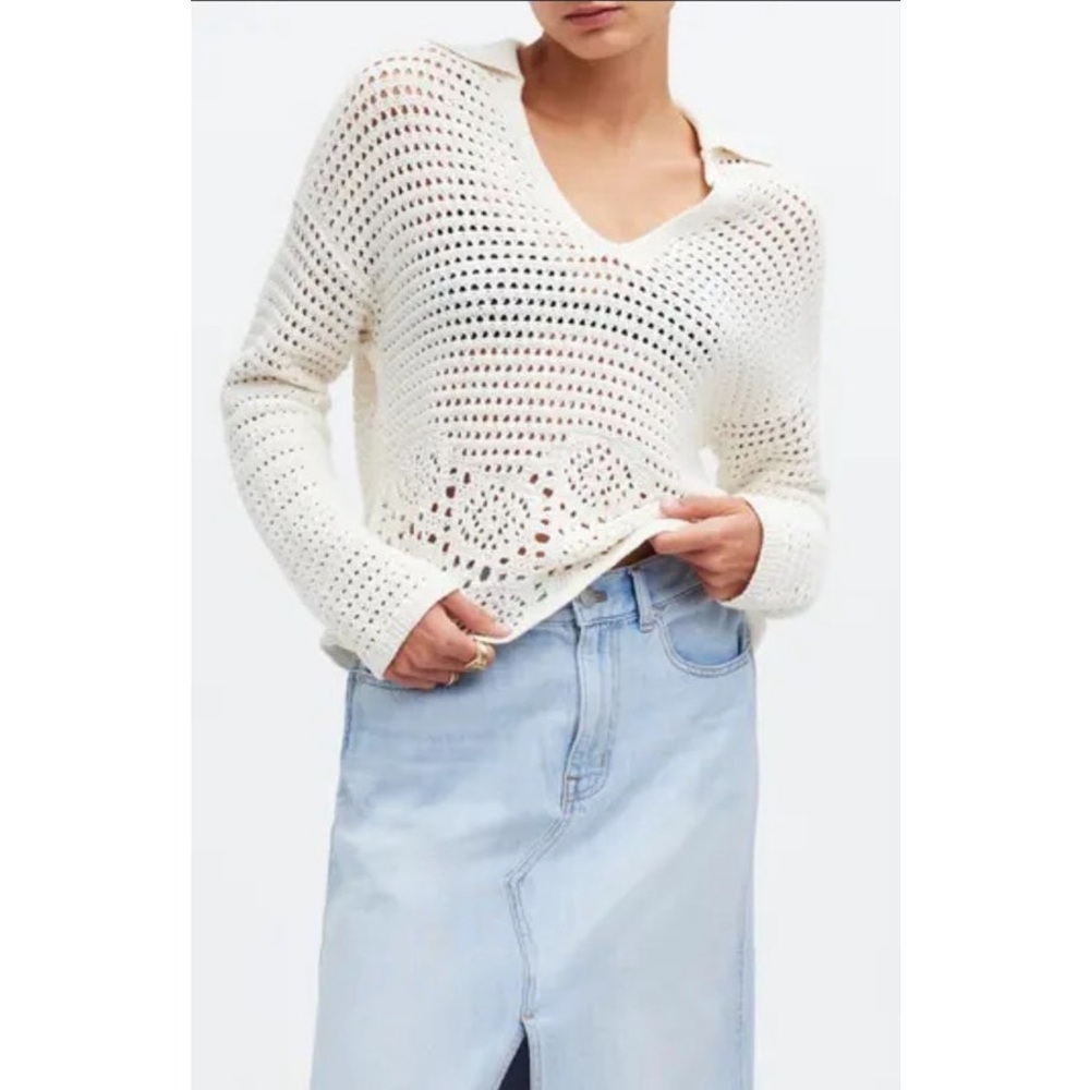 Madewell Crochet Polo Sweater in Bright Ivory